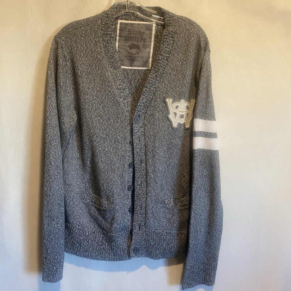 Slade Wilder Gray Y2K Varsity Cardigan Patch Button Front Knit‎ Sweater